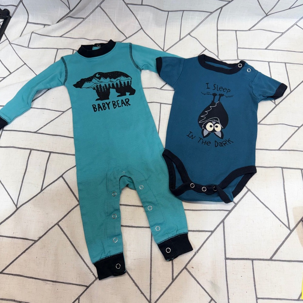 Lazy One Romper & Bodysuit Set 6 Mo Teal Blue Bear Bat‎ Cotton Snug Fit
